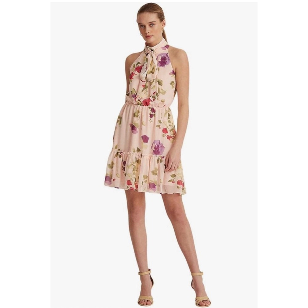 Lauren Ralph Lauren Pink Floral Tie Neck Halter Ruffle Dress Plus Size 16W